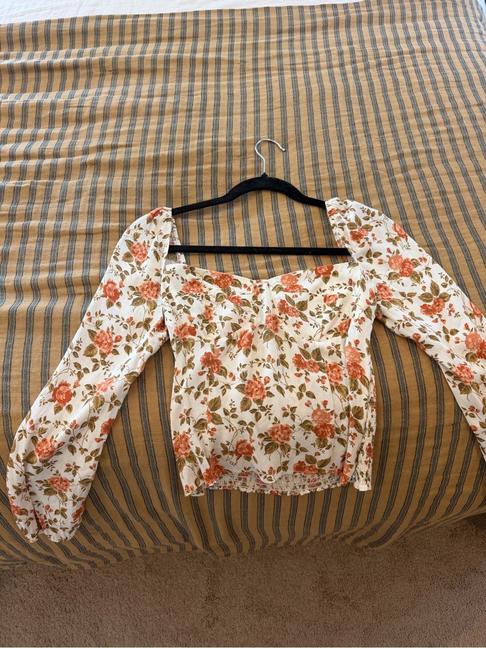 Reformation Cream Floral Sweetheart Long Sleeve Blouse with Rust Roses